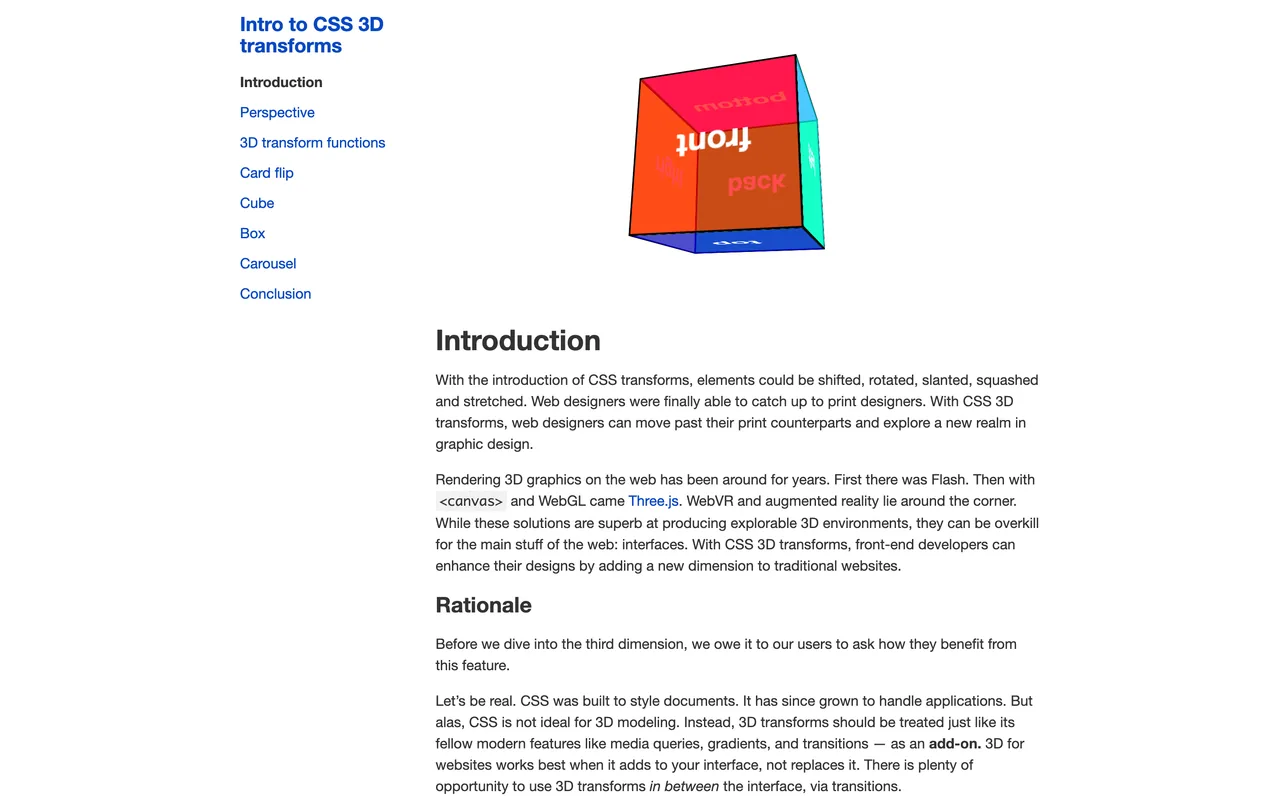 Screenshot of the Intro To CSS 3D Transforms website (3dtransforms.desandro.com)