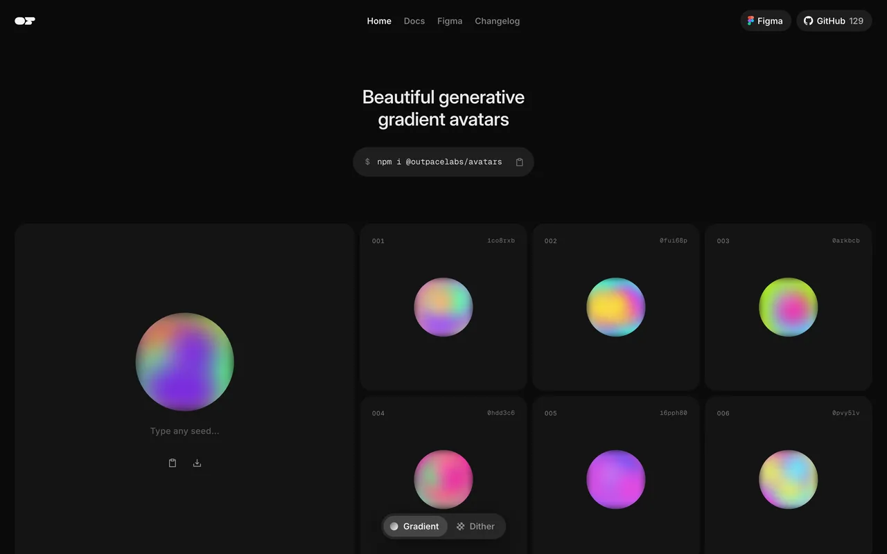 Screenshot of the Outpace Avatars website (avatars.outpace.systems)
