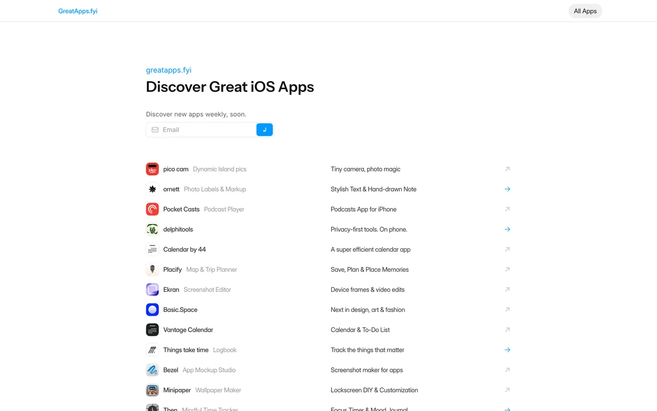 Screenshot of the Great Apps website (greatapps.fyi)