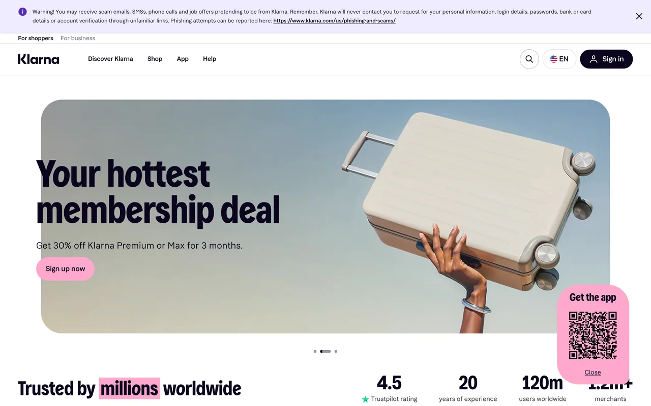 Screenshot of the Klarna website (klarna.com)
