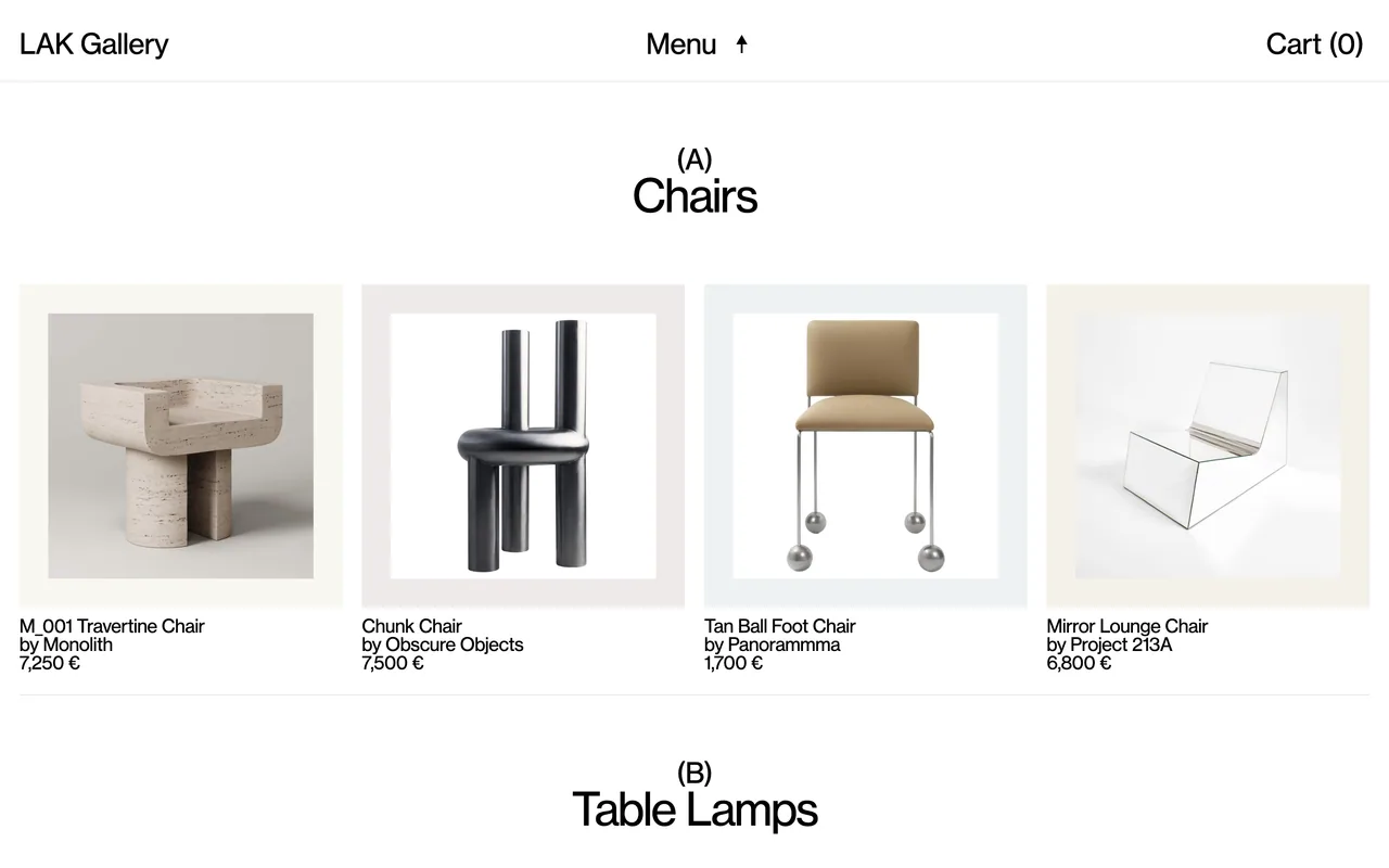 Screenshot of the LAK Gallery website (lakgallery.com)