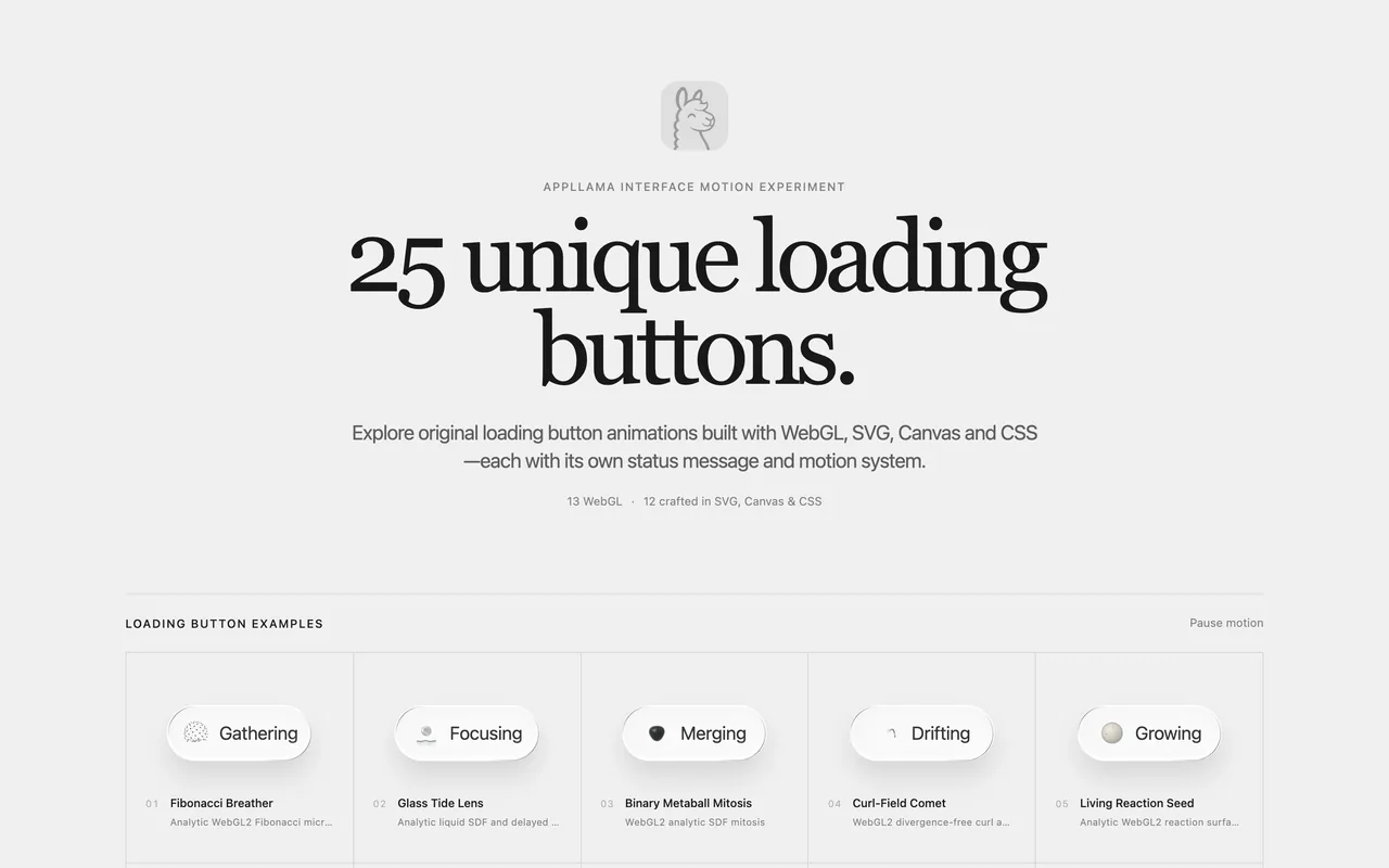 Screenshot of the Loader Buttons website (loader-buttons.appllama.io)