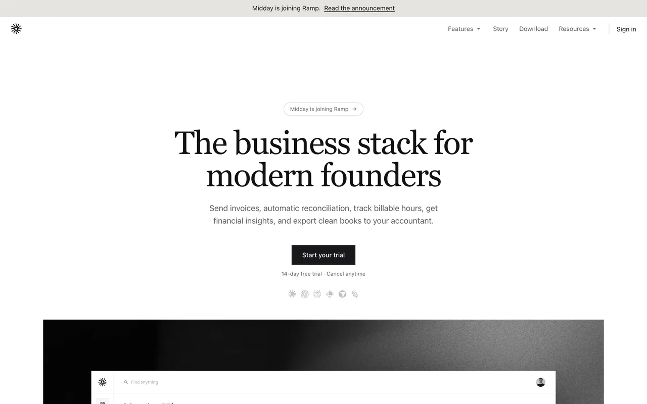 Screenshot of the Midday website (midday.ai)