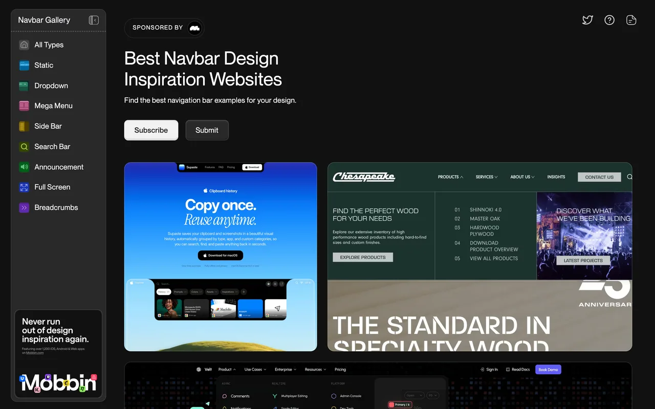 Screenshot of the Navbar Gallery website (navbar.gallery)