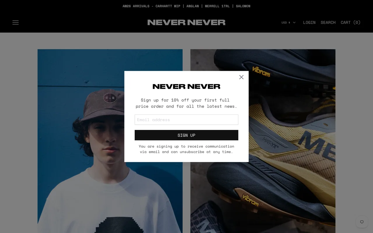 Screenshot of the Never Never website (never-never.com)