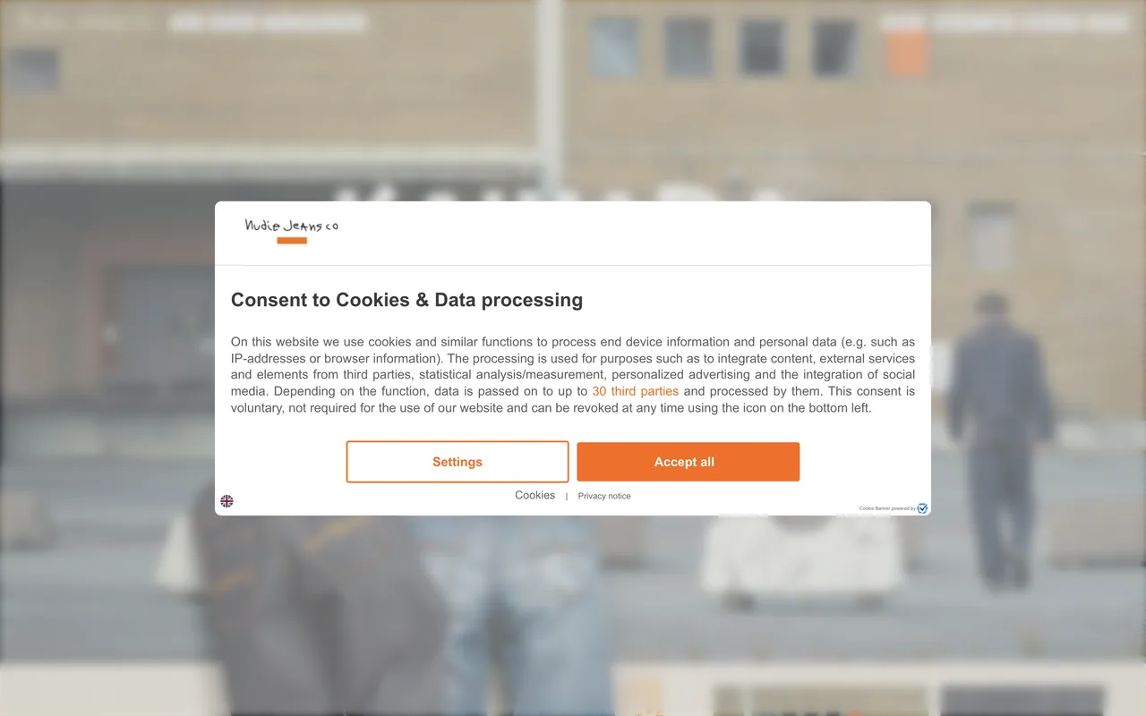Screenshot of the Nudie Jeans website (nudiejeans.com)