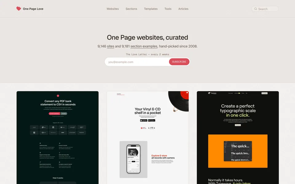 Screenshot of the One Page Love website (onepagelove.com)