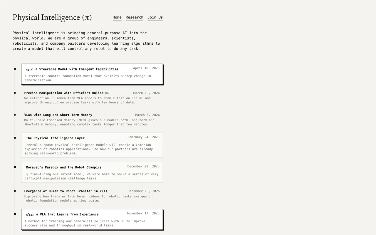 Screenshot of the Physical Intelligence website (pi.website)