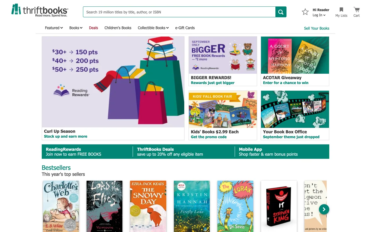 Screenshot of the ThriftBooks website (thriftbooks.com)