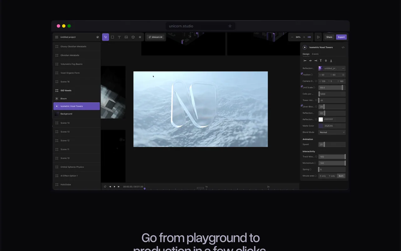 Screenshot of the Unicorn Studio website (unicorn.studio)